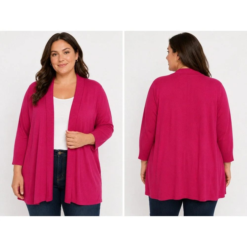 Laura Ashley Cardigan 3X Pink Open Front 3/4 Sleeve Ribbed Knit Minimal Layer